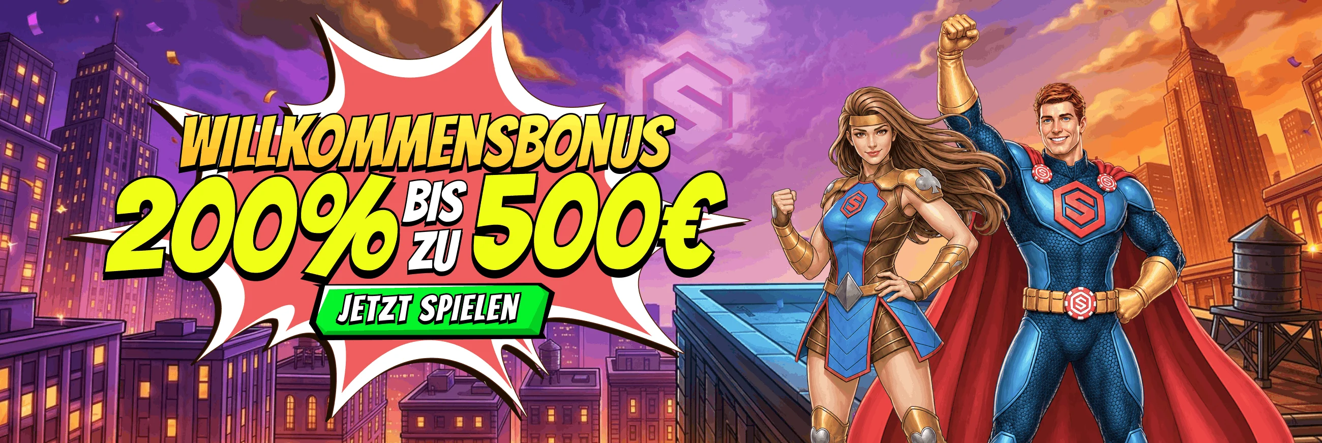 Stakes Comic-Helden über einer leuchtenden Großstadt